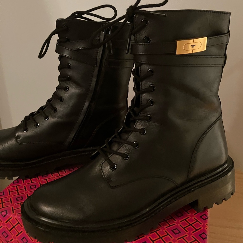 Tory Burch T Hardware Combat Boot new with box Black Leather Gold buckle size 11
